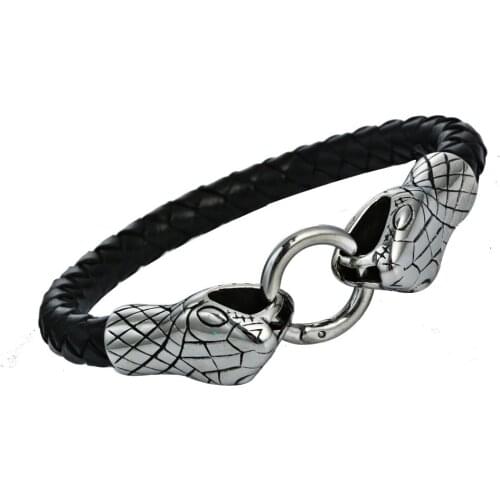 2019 New Arrival Men Stainless Steel Leather Bracelets Men Jewelry Double snake head Charms Bracelets Bangles Wristband pulseira