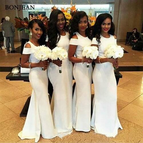 New fashion african styles cheap long white bridesmaid dresses off-shoulder short sleeves mermaid formal bridesmaids dresses