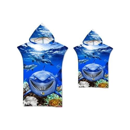 Marine Life Pattern Microfiber Beach Poncho Towel Seaside Wetsuit Changing Robe Outdoor Quick Drying Wearable Hooded Bath Towel