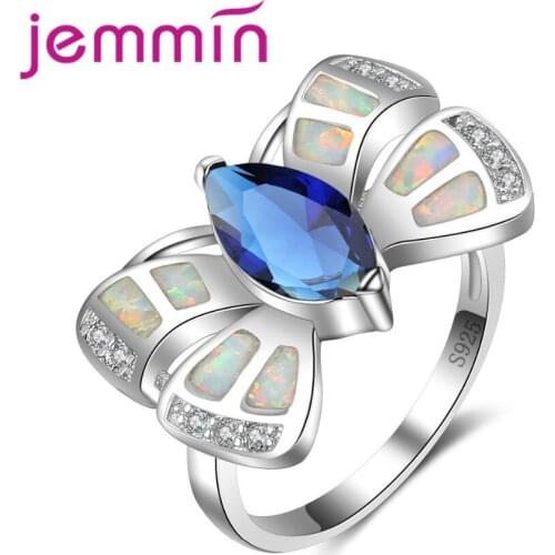 Romantic Butterfly White Fire Opal Ring 925 Sterling Silver for Women Wedding Engagement Jewelry Rings