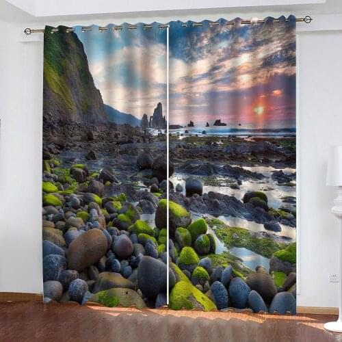 Modern Home Decoration Sunset coast stones Luxury Blackout 3D Window Curtain For Living Room office Bedroom