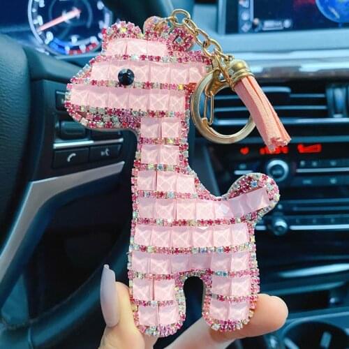 Cartoon Creative Rhinestone Fawn Keychain Female Cute Animal Tassel Leather Car Key Chain Bag Key Pendant Keyring Gifts
