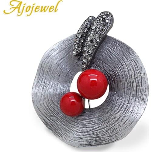 Ajojewel Antique Silver-color Hat Shaped CZ Vintage Brooches Pins For Women Red Simulated Pearl Jewelry Gift For Party
