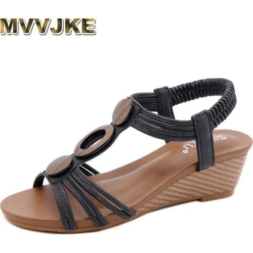 MVVJKEWomens shoes sandals 2021summer leisure soft-soled mother shoes large size thick-soled retro beaded wood grain Roman shoe