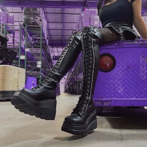 Brand Design Female Wedges High Heels Thigh High Boots Fashion Black Platform Boots Women 2021 Gothic Cosplay Shoes Woman