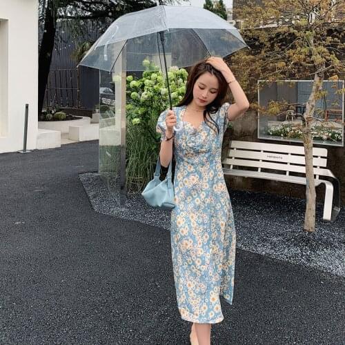 Women Long Floral Dress Summer 2021 Runway Elegant Slim Boho Vinatge Fairy French Casual Vacation Party Night Long Vestido New