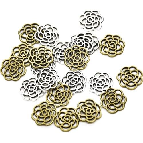 MENGJIALE Wholesale 25pcs/lot Antique Bronze round flower Charm for Bracelet Necklace Jewelry Making Handmade DIY 16*16mm