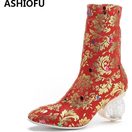 ASHIOFU Chinese Retro Women Ankle Boots Sewed Phoneix Wedding Boots Party Fashion Dress Evening Short Boots Shoes