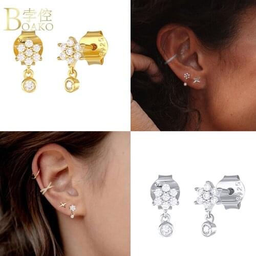 BOAKO Snowflake Zircon Stud Earrings 925 Sterling Silver Earring For Women 2020 Pendientes Brincos Aretes Fine Jewelry Party