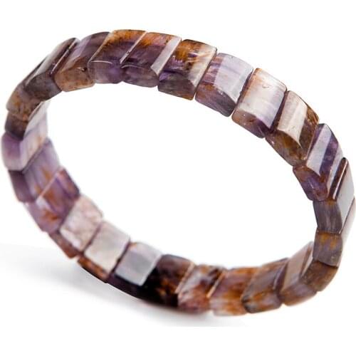 Genuine Natural Purple Gold Titanium Cacoxenite Rutilated Quartz Bracelet Women Lady Rectangle Bead Crystal Bangle Bracelet