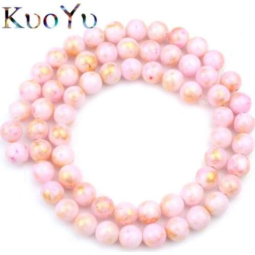 Natural Stone Pink Plated Gold Jades Round Loose Spacer Bead For Jewelry Making Diy Bracelet Accessories 4 6 8 10 12 mm 15”Inche