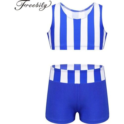 Kids Teens Sleeveless Striped Gym Sports Ballet Gymnastics Crop Tops with Shorts Set Children Girls Stage Dance Costume