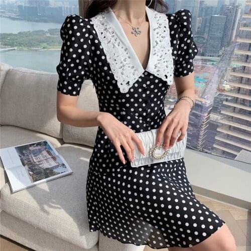 Elegant Black Doll Collar Sweet Women Dress Summer 2021 Fashion New Retro Polka Dot Puff Sleeve Black Dresses Party Clothes