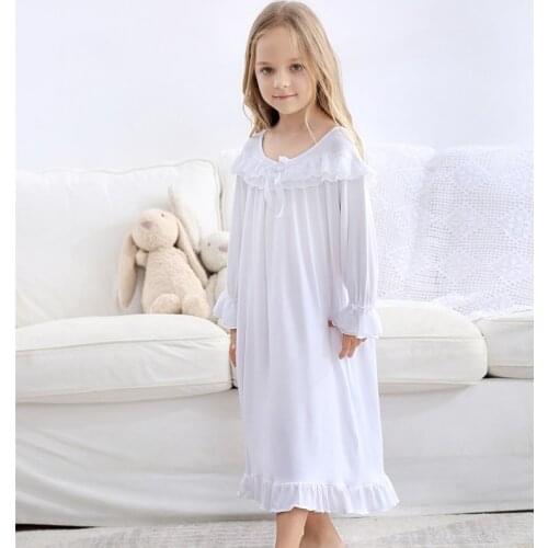 Quality Soft Kids Girls Pajama Dress Lace Princess Baby Girls Nightgown Cotton Night Dress Long Sleeve White Girls Home Wear