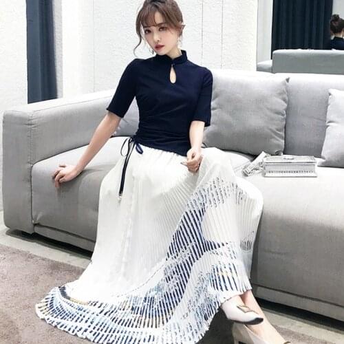 China Women Retro Irregular Cheongsam Top + Long Pleated Skirt Chinese Style Vintage Elegant Lady Print 2 Piece Set 10548