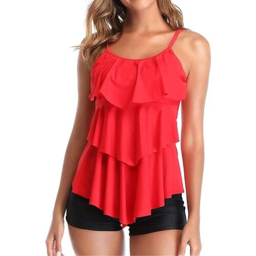 Red Ruffles Swimsuit Women Two Piece Womens Swimming Suit Solid Color Plus Size Swimwear Women Tankini Bikini Set Bathing Suit