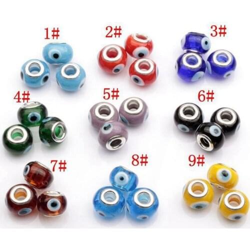 Hot ! 27 pcs 14mm Evil Eye Murano Lampwork Colored Glaze 5mm Big Hole Glass Beads Fit Charm Bracelet DIY Jewelry 9 Colors cv23