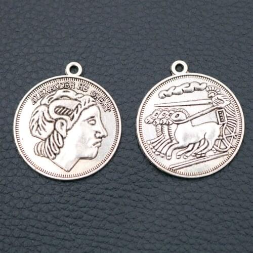 Alexander The Great Tags Metal Pendant - 33*29mm Retro Lucky Coins Charms, Ancient Greece Commemorative Coin Charms, A2002 6pcs