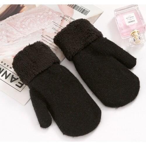 Fashion Women Winter Wool Cashmere Knit Warm Black Full Finger Mitten Female Plus Plush Thick Velvet Solid Driving Glove I81