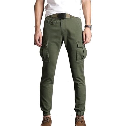 Cargo Pants Men Slim Foot Close Elastic Streetwear Vogue Stretch Fabric Ankle Length Black Khaki Pants Many Pocket Trousers Male