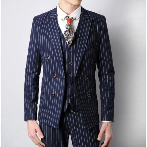 Groomsmen Peak Lapel Groom Tuxedos Black/navy Blue with Stripe Men Suits Wedding Best Man Blazer (Jacket+Pants+Tie+Vest) B942