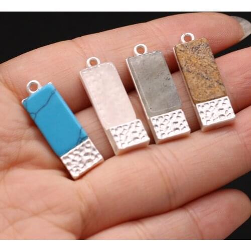 Natural Semi-precious Stone Rectangle Pendant Clear Quartz Blue Turquoise for Jewelry Making Necklaces Accessories Gift