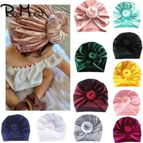 Powmuco New Autumn and Winter Warm Infant Hats Solid Color Gold Velvet Baby Girls Turban Caps Handmade Donut Children Headwear