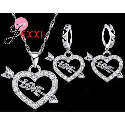New Arrivals Hot Selling Love Heart Shape Cubic Zirconia Necklaces And Earrings 925 Sterling Silver Women Jewelry Sets