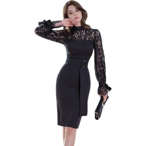 Office OL lace one piece korean ladies LOng Sleeve stand Sexy tight Dress for women china clothing