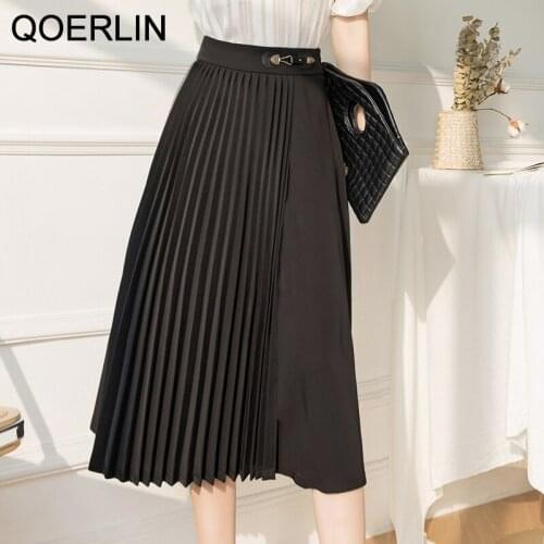 QOERLIN Minimalism OL Style Pleated Skirts Women High Street Solid High Waist Skirt Elegant Knee-Length Outfits Female Clothing