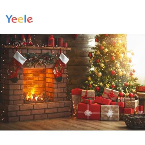 Christmas Tree Sock Fireplace Wood Burning Brick Wall Gift Backdrop Photography Custom Photographic Background For Photo Studio
