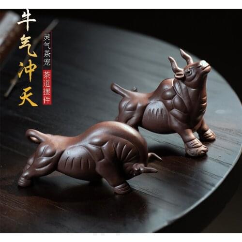 Yixing Zisha Tea Pet Bullish Zodiac Handicraft Decoration Bullfighting Ornament Sculpture Can Raise Chinese Home Adornment