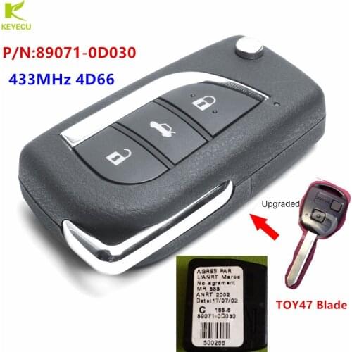 KEYECU Replacement New Upgraded Remote Key Fob 433MHz 4D66 for Toyota Yaris Avensis Corolla 89071-0D030 With Uncut TOY47 Blade