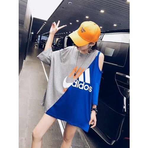 Womens 2019 new off-shoulder top European goods large version of the heart machine loose short-sleeved t-shirt female tide