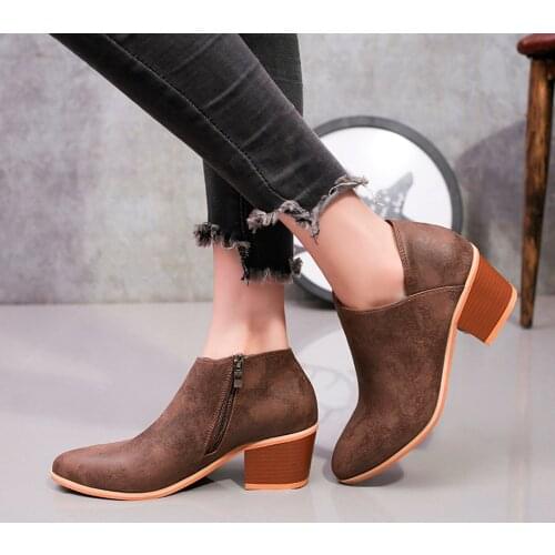 Pointed Toe Square Heel Women Boots 2021 Fashion Ankle Boots Zipper Pu Leather Rubber Zapatos Mujer Сапоги Женские