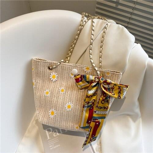 Women Handbags Straw Woven Bag Summer Japanese Straw Chain Shoulder Bag Fashion Simple Handmade Beach Crossbody Bag For Women