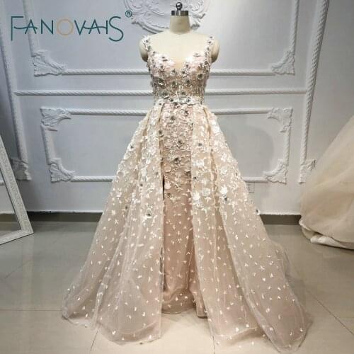Champagne Mermaid Wedding Dresses With Detachable Train Luxury Beaded 3D Flowers Vestido de Novia Robe de Mariage