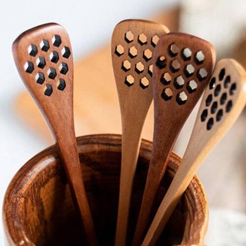 1Pcs Wooden Honey Spoon Hollow Honeycomb Mixing Spoon Long Handle Wood Spoon Home Tableware