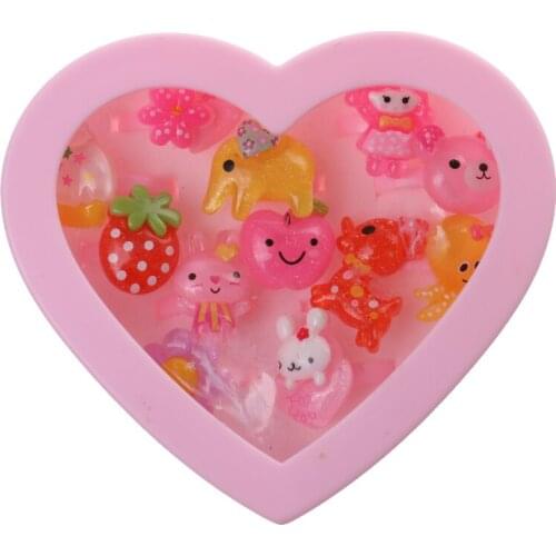 12Pcs Assorted Plastic Rings with Pink Heart Box Kids Girl Jewelry Present