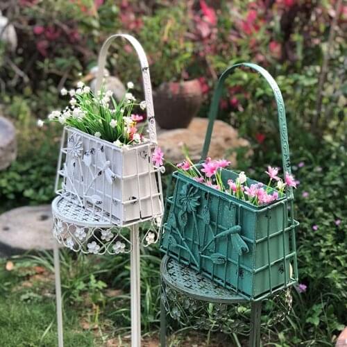American Country Wrought Iron Bag Flower Basket Ornaments Garden Figurines Crafts Outdoor Yard Metal Vase Accessories Decoration