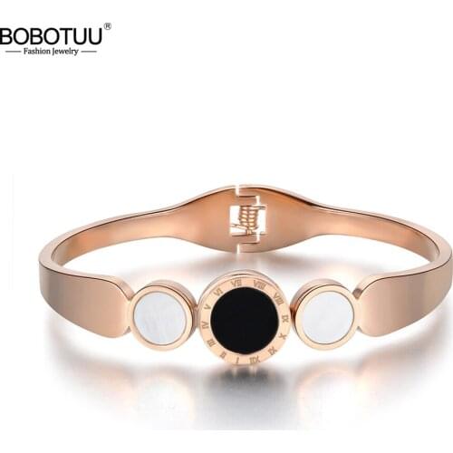 BOBOTUU Fashion Titanium Steel Roman Numerals Bracelets & Bangles Luxury Engagement Wedding Bangle Jewelry For Women BB18040