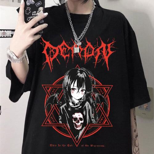 Harajuku T-shirt Aesthetic Summer Retro Black Demon Punk Gothic Anime Cartoon Streetwear Women Dropshipping Emo Grunge Tee Top