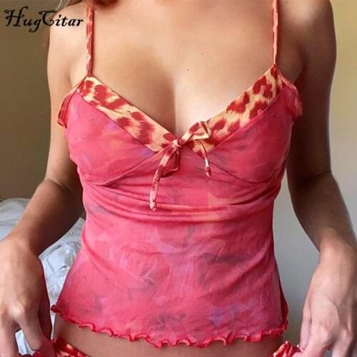 Hugcitar 2021 Mesh Floral Print Patchwork Bandage Sleeveless Sexy Crop Top Summer Women Fashion Streetwear Outfits Y2K Tees