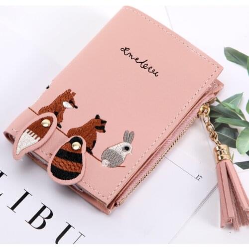Women Cute Fox Cat Animals Embroidery Short Wallet Tassel Coin Purse Card Holders Billfold Purse PU Leather Clutch Short Wallet