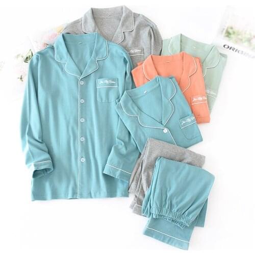 Pure color couple sleepwear women pure cotton pajamas men sleepwear casual 100% cotton long-sleeve pyjamas women