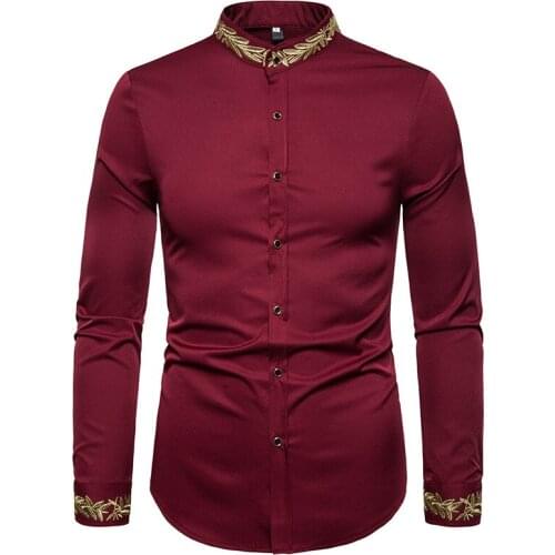 Mens Embroidery Mandarin Collar Dress Shirt 2020 Brand New Slim Fit Long Sleeve Tuxedo Shirt Male Casual Business Chemise Homme