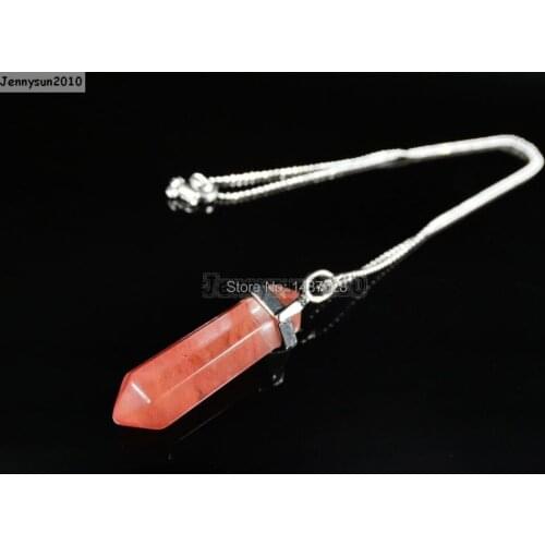 Natural Cherry Quartz Gems Stones Hexagonal Pointed Healing Reiki Chakra Pendant Beads Silver 17'' Chain Necklace 5 Sets/Pack