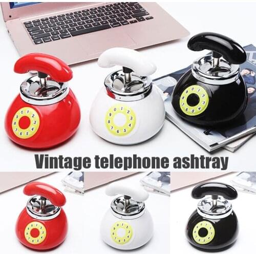 Push Down Ashtray with Lid Decorative Rotary Ring Phone Shape Ceramic Cigarette Ashtray with Container for Home Office NDS