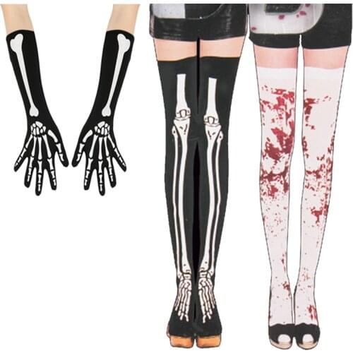 Halloween Socks Black skeleton halloween Socks Gloves Horror Party womens Halloween costumes Thigh High Socks