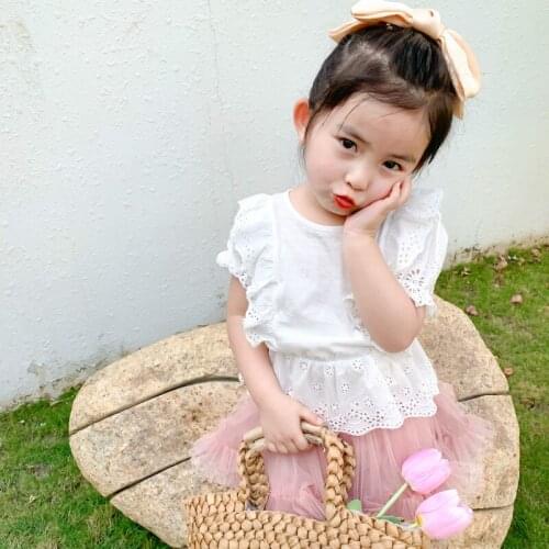 Summer New Arrival Korean style pure color all-match hollow lace bubble short sleeve T-shirt for cute sweet baby girls
